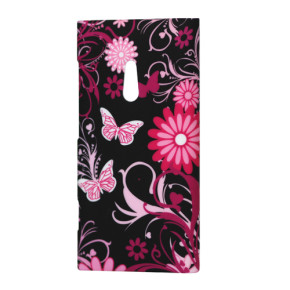 Твърд предпазен гръб за Nokia Lumia 800 черен с розови пеперуди